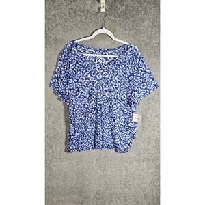 Relativity Sheer Top Womens Size 2X Blue White Floral V-Neck Short Sleeve New